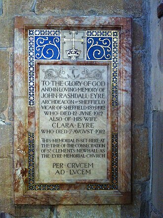 Memorial in Sheffield Cathedral Memorial to John Rashdall Eyre.jpg