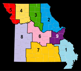 A map of the divisions of the Missouri State Guard, based on modern (2023) county boundaries Missouri State Guard divisions map (cropped).svg