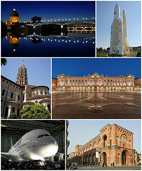 De cima para baixo e da esquerda para a direita: 1) Ponte de Saint-Pierre (São Pedro); 2) Réplica do Ariane 5 na Cité de l'espace; 3) Basílica de Saint-Sernin; 4) Praça do Capitólio; 5) Airbus A380 no Aeroporto de Toulouse-Blagnac; 6) Museu dos Agostinhos