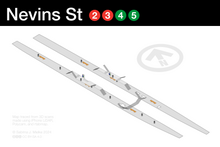 Metrically accurate station map showing platforms, underpass, stairs, ticket machines, gates, benches, and trashcans. Nevins St (NYC subway station map).png