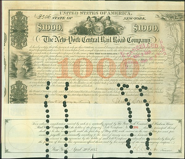 Bond of the New York Central Railroad Company, issued August 1, 1853 and signed by Erastus Corning