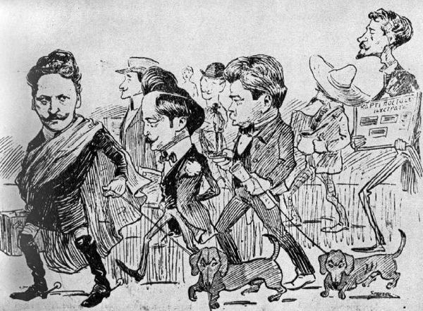 Some of the Tinerimea Artistică founders, in a caricature by Nicolae Petrescu-Găină (1903)