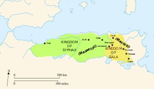 Berber kingdoms in Numidia, c. 220 BC (green: Masaesyli under Syphax; gold: Massyli under Gala, father of Masinissa; further east: city-state of Carthage). Numidia 220 BC-en.svg