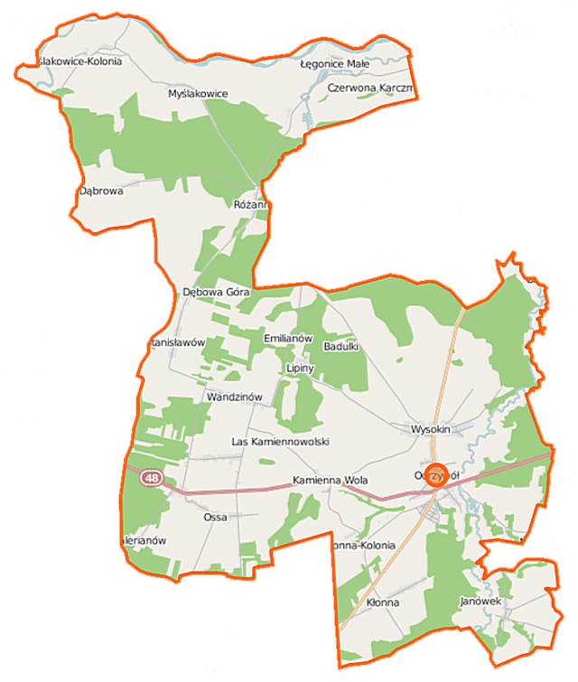 Mapa konturowa gminy Odrzywół, na dole po prawej znajduje się punkt z opisem „Kościół św. Jadwigi i św. Stanisława”