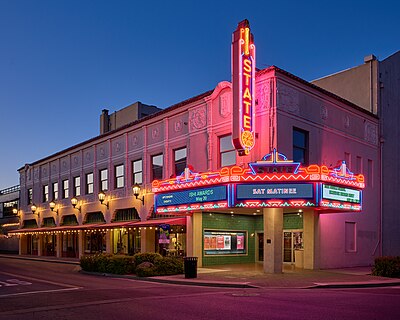 The Oroville State Theatre in the historic downtown of Oroville, California, during blue hour
