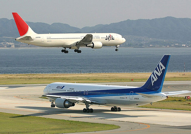 File:Osaka KIX JAL 767-346 JA8986 and ANA 767-381ER JA612A 