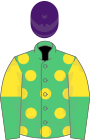 Emerald green, yellow spots, yellow and emerald green halved sleeves, purple cap