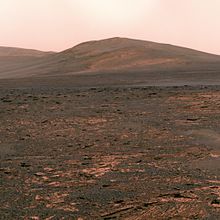 Solander point as seen overlooking Botany bay; Pancam image at 753, 535, and 432 nanometers light wavelengths (i.e. approximately true color). PIA17078 - Opportunity's view of 'Solander Point'.jpg