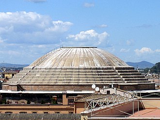 Exterior of the Roman Pantheon, finished 128 AD, the largest unreinforced concrete dome in the world. Pantheon dome.jpg