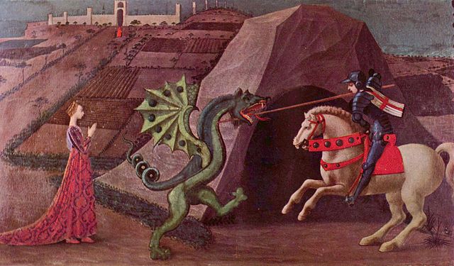 Paolo Uccello's depiction of Saint George and the dragon, c. 1470, a classic image of a damsel in distress.