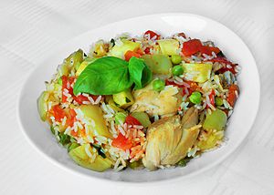 Parboiled rice with chicken, peppers, cucurbita, peas and tomato.jpg