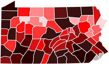 A heat map of Pennsylvania farms by county as of the Census of Agriculture in 2007. Key: .mw-parser-output .div-col{margin-top:0.3em;column-width:30em}.mw-parser-output .div-col-small{font-size:90%}.mw-parser-output .div-col-rules{column-rule:1px solid #aaa}.mw-parser-output .div-col dl,.mw-parser-output .div-col ol,.mw-parser-output .div-col ul{margin-top:0}.mw-parser-output .div-col li,.mw-parser-output .div-col dd{page-break-inside:avoid;break-inside:avoid-column} .mw-parser-output .legend{page-break-inside:avoid;break-inside:avoid-column}.mw-parser-output .legend-color{display:inline-block;min-width:1.25em;height:1.25em;line-height:1.25;margin:1px 0;text-align:center;border:1px solid black;background-color:transparent;color:black}.mw-parser-output .legend-text{}  0–99 farms   100–199   200–299   300–399   400–499   500–599   600–699   700–799   800–899   900–999   1000+   No data