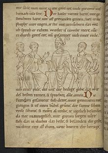 Turpin in the Codex Palatinus Germanicus 112 at Heidelberg University Library. Pfaffe Konrad - Rolandslied - cod. pal. germ. 112 - 032.jpg