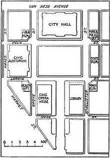 Finalized plan for Civic Center, 1916. Plan of Civic Center (Engineering News-Record, vol 75 no 26 p 1222 fig 1).jpg