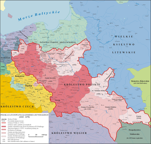 瓦迪斯瓦夫一世末年（1333年）的殘留領土為深紅色（分為不連接的兩塊：西北部的大波蘭、中部的小波蘭）；圖中暗紅色線邊界則是其子卡齊米日大帝末年所擴張的波蘭（1370年），黃色則是被波西米亞正式併吞的西里西亞