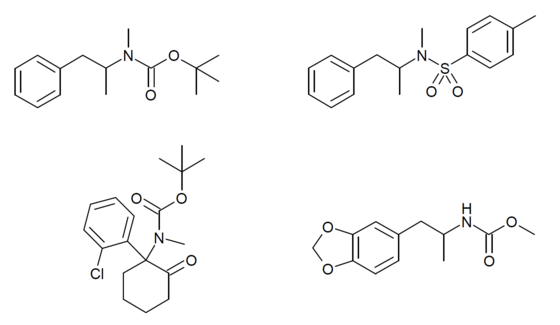 N-t-BOC-methamphetamine, N-p-tosyl-methamphetamine, N-t-BOC-ketamine and N-methoxycarbonyl-MDA