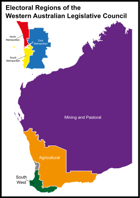 The current six regions of the Western Australian Legislative Council Regions of the Western Australian Legislative Council.svg