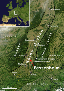 The location of the Fessenheim Nuclear Power Plant in the Rhine Rift Valley near the fault that caused the 1356 Basel earthquake is causing concern Rhinegraben fessenheim.png