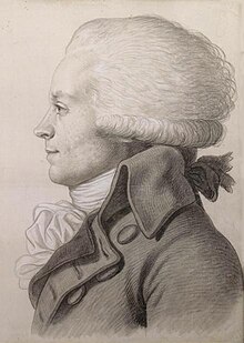 Portrait of Robespierre (1792) by Jean-Baptist Fouquet. By using a physiognotrace a grand trait was produced within a few minutes. This life-size drawing on pink paper was completed by Fouquet.[131]