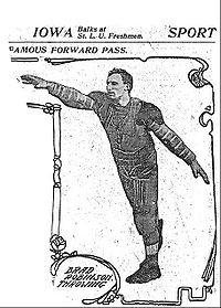 St. Louis Post-Dispatch photograph of Brad Robinson, who threw the first legal forward pass in 1906 RobinsonThrowing.jpg