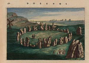 The Rollright Stones in 1645, with the King's Men in the middle, the Whispering Knights at the bottom right, and the King Stone at the middle right Rollright Stones - Kings Men Blaeu 1645-1662 GMG1128-117 .jpg