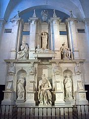 Image 63Michelangelo, The Tomb of Pope Julius II, c. 1545, with statues of Rachel and Leah on the left and right of his Moses (from Sculpture)