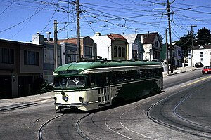 San Francisco PCC-type streetcar 1006 operating on the tracks of the M Line 1992.jpg