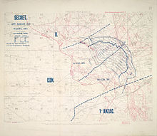 Map of artillery barrages during the Second Battle of Passchendaele (1917) showing the creeping fire to protect an advance. Second Battle of Passchendaele - Third Stage (Nov 6) Barrage Map.jpg