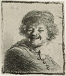 Self-portrait in a Cap, Laughing label QS:Len,"Self-portrait in a Cap, Laughing" label QS:Lde,"Selbstporträt mit Mütze, lächelnd" label QS:Lnl,"Lachend zelfportret met muts" (i/vi). 1630. etching print. 5.2 × 4.5 cm (2 × 1.7 in). Amsterdam, Rijksmuseum Amsterdam.