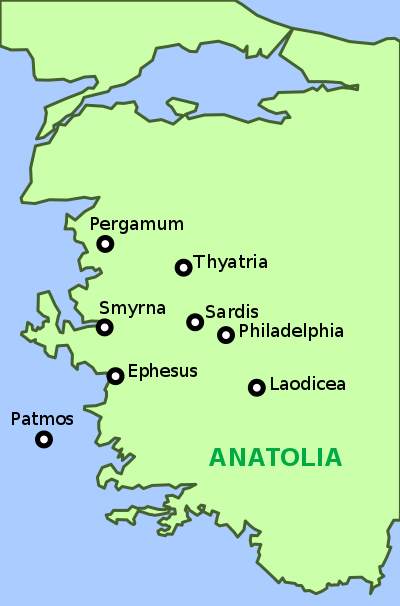 Map of Western Anatolia showing the "Seven Churches of Asia" and the Greek island of Patmos