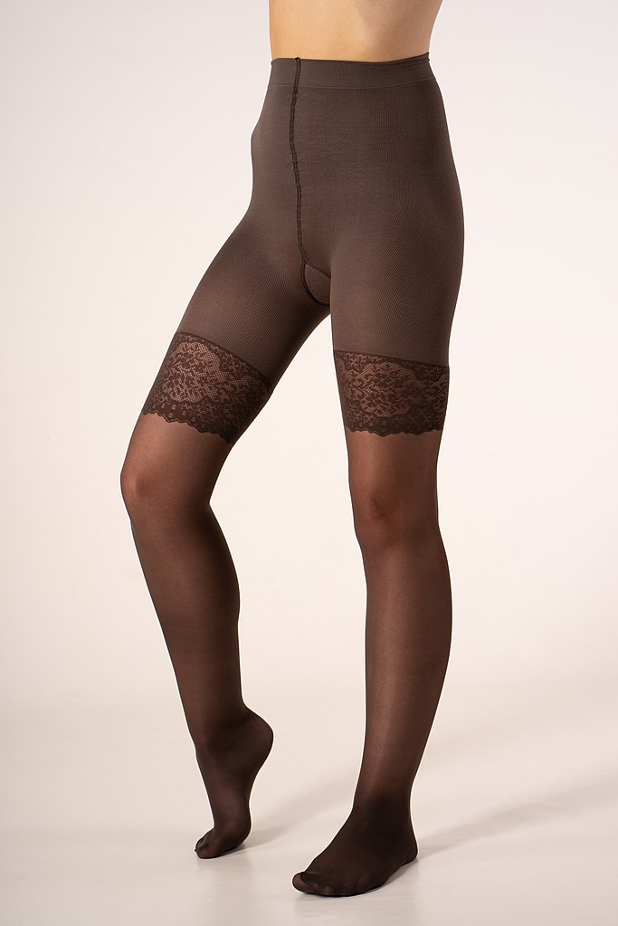 File:Sheer Tights or Pantyhose with simple control top and lavishly  decorated transition between panty and leg section in the color beaver –  front view.jpg - Wikimedia Commons