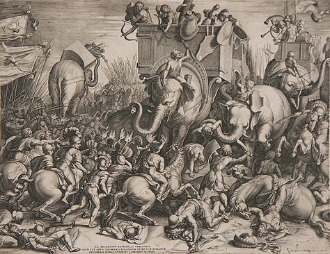 Engraving of the Battle of Zama by Cornelis Cort, 1567. Note that Asian elephants are illustrated rather than the very small North African elephants used by Carthage.
