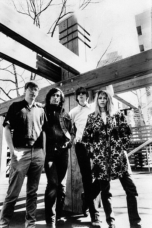 Sonic Youth in a publicity photo issued by SST to promote their fourth album, Sister (1987). Left to right: Shelley, Ranaldo, Moore, Gordon.