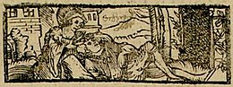 gravure montrant une femme agenouillée derrière un homme couché au sol, lui fouillant dans les cheveux.