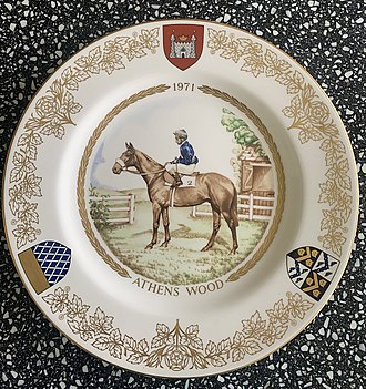Spode plate by Francis Sinclair Ltd depicting winner of the St Leger, Athens Wood ridden by Lester Piggott Spode plate of St Leger winner Athens Wood.jpg
