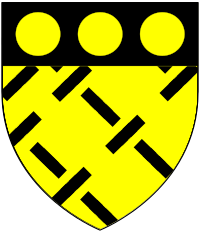 Coat of arms of Almaric de St. Amand, Lord of Widehaye, Or, fretty Sable, on a chief of the second, three besants. StAmandArms.svg