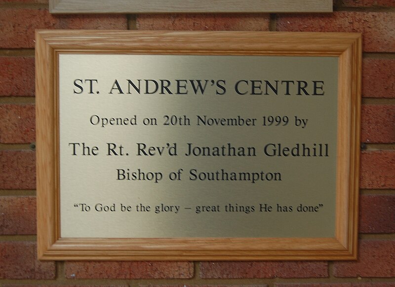 File:St Andrew's Church, Beaulieu Road, Dibden Purlieu (July 2021) (Plaque).JPG