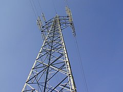 A steel pylon suspending overhead power lines Steel tower.jpg