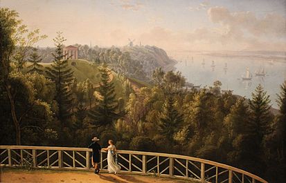 View from Baur's Park to Hamburg. An 1811 painting by L.P. Strack illustrating the steep Geest slope. Strack, Ludwig Philipp - View from Baurs park to Hamburg - Altonaer Museum.jpg