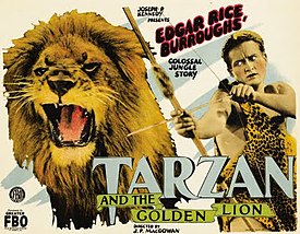 James Pierce in FBO's Tarzan and the Golden Lion (1927), which brought the famous character back to the big screen for the first time in over five years. Tarzan would remain a Hollywood fixture for the next four decades. TarzanGoldenLion.jpg