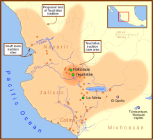 Kaart met de omvang van de Teuchitlán-cultuur