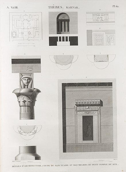 Pl.62 - Détails d'architecture, coupe du sanctuaire et bas-reliefs du petit temple du sud