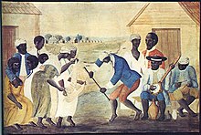 The Old Plantation, ca. 1785-1795. Late 18th-century watercolour showing enslaved people dancing, with a banjo and drum, on a South Carolina plantation. TheOldPlantationBanjoDrum.jpg