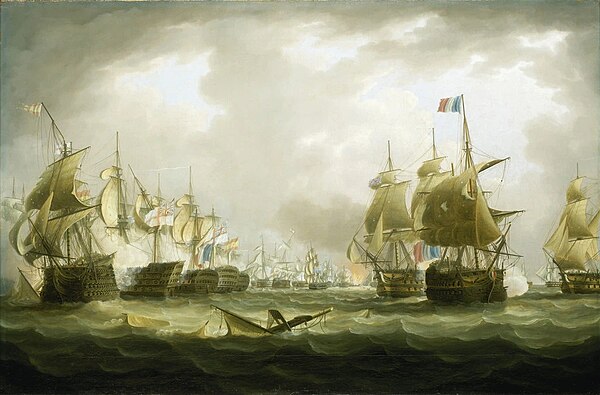 The Battle of Trafalgar, 21 October 1805: beginning of the action by Thomas Buttersworth (oil on canvas). The ship in the right foreground is the Buce