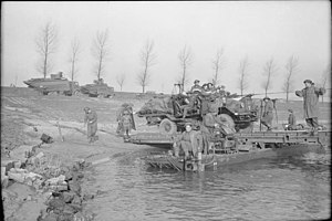 SP Bofors of 119th LAA Regiment crossing the Rhine near Xanten, March 1945. The British Army in North-west Europe 1944-45 BU2085.jpg