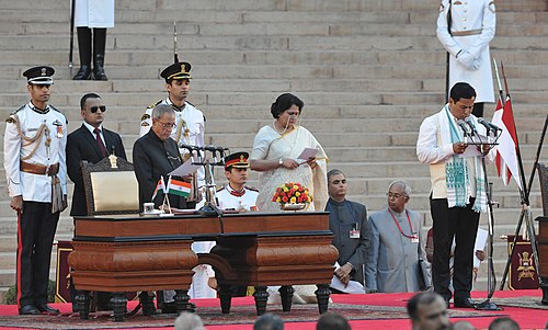 The President, Shri Pranab Mukherjee administering the oath as Minister of State (Independent Charge) to Shri Sarbananda Sonowal, at a Swearing-in Ceremony, at Rashtrapati Bhavan, in New Delhi on May 26, 2014