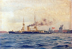 The ironclad HERLUF TROLLE at Copenhagen by Christian Benjamin Olsen, 1902 bewerkt.JPG