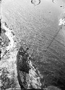 Aerial view of Revenge taken by Samuel Cody during naval trials of observation kites in 1908. The work of Samuel Franklin Cody in Airship, Kite and Aircraft Aeronautics 1903 - 1913 in England. RAE-O480.jpg