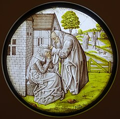 Tobit comforts Anna, stained glass roundel, southern Netherlands, c. 1500