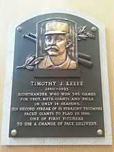 Plaque of Tim Keefe at the Baseball Hall of Fame Tim Keefe plaque.jpg